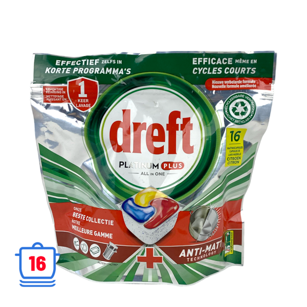 Dreft Geschirrspüler-Tabletten Platinum Plus All In One Anti-Matt Zitrone 16 Stück